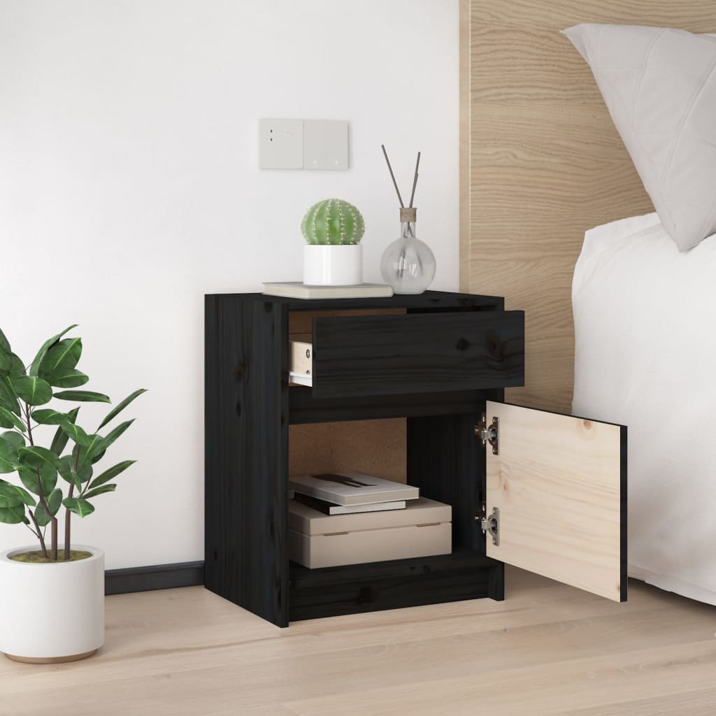 Mesita De Noche Madera Maciza De Pino Negro 40x31x50 Cm_2