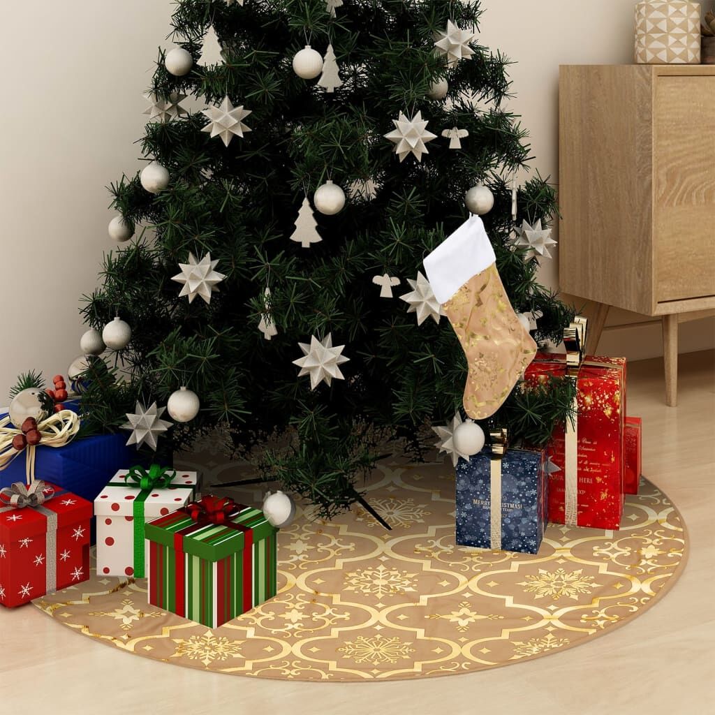Vidaxl Falda Del Árbol De Navidad Lujosa Y Calcetín Tela Amarillo 90cm_1