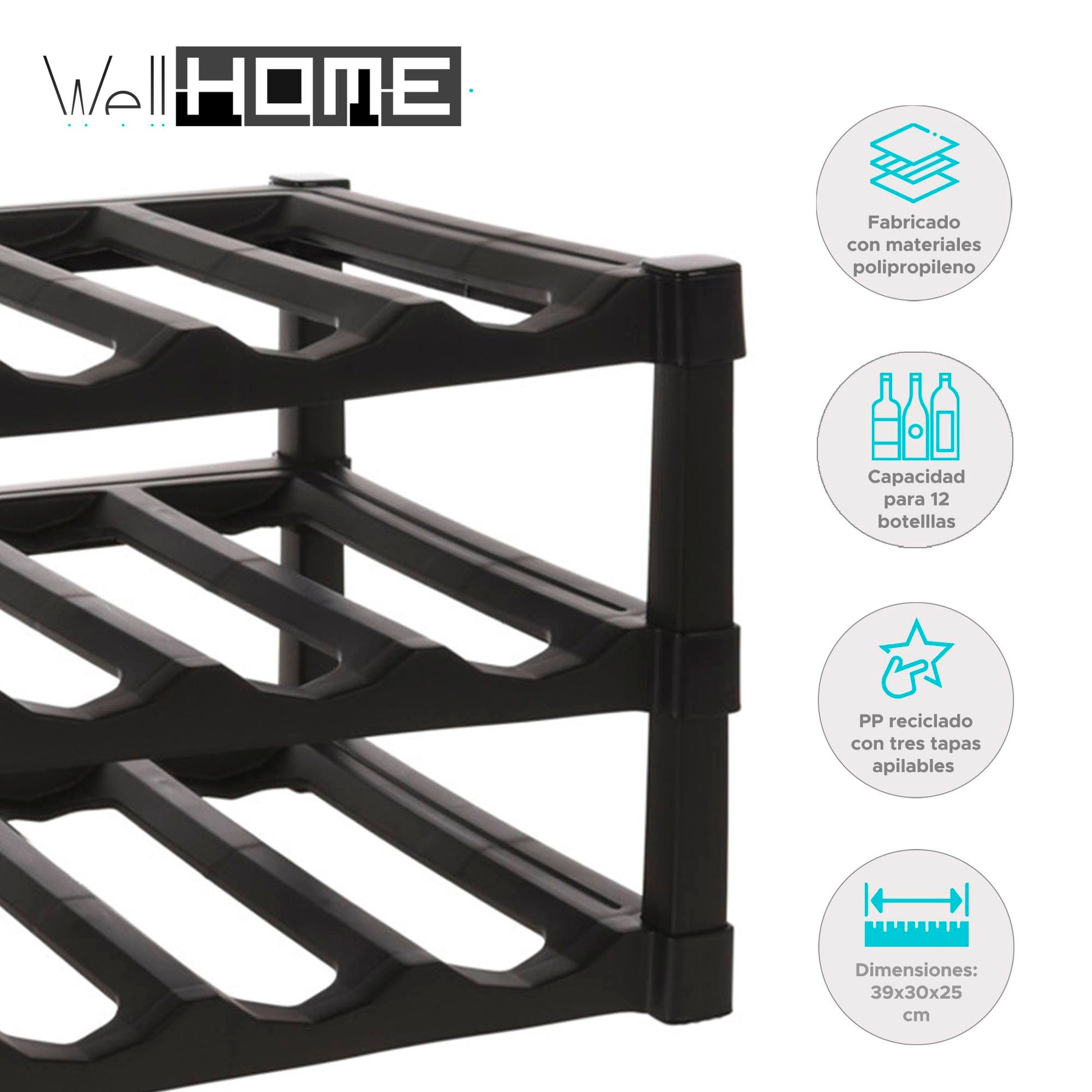 Well Home Botellero De 3 Capas Apilables De Pp En Color Negro Para 12 Botellas - 39x30xh25cm_1