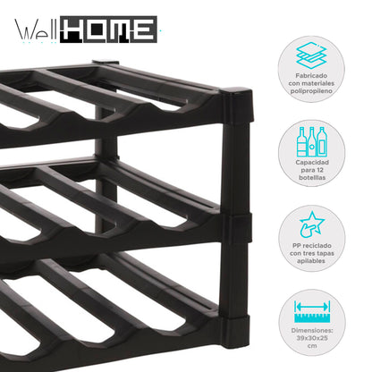 Well Home Botellero De 3 Capas Apilables De Pp En Color Negro Para 12 Botellas - 39x30xh25cm_1