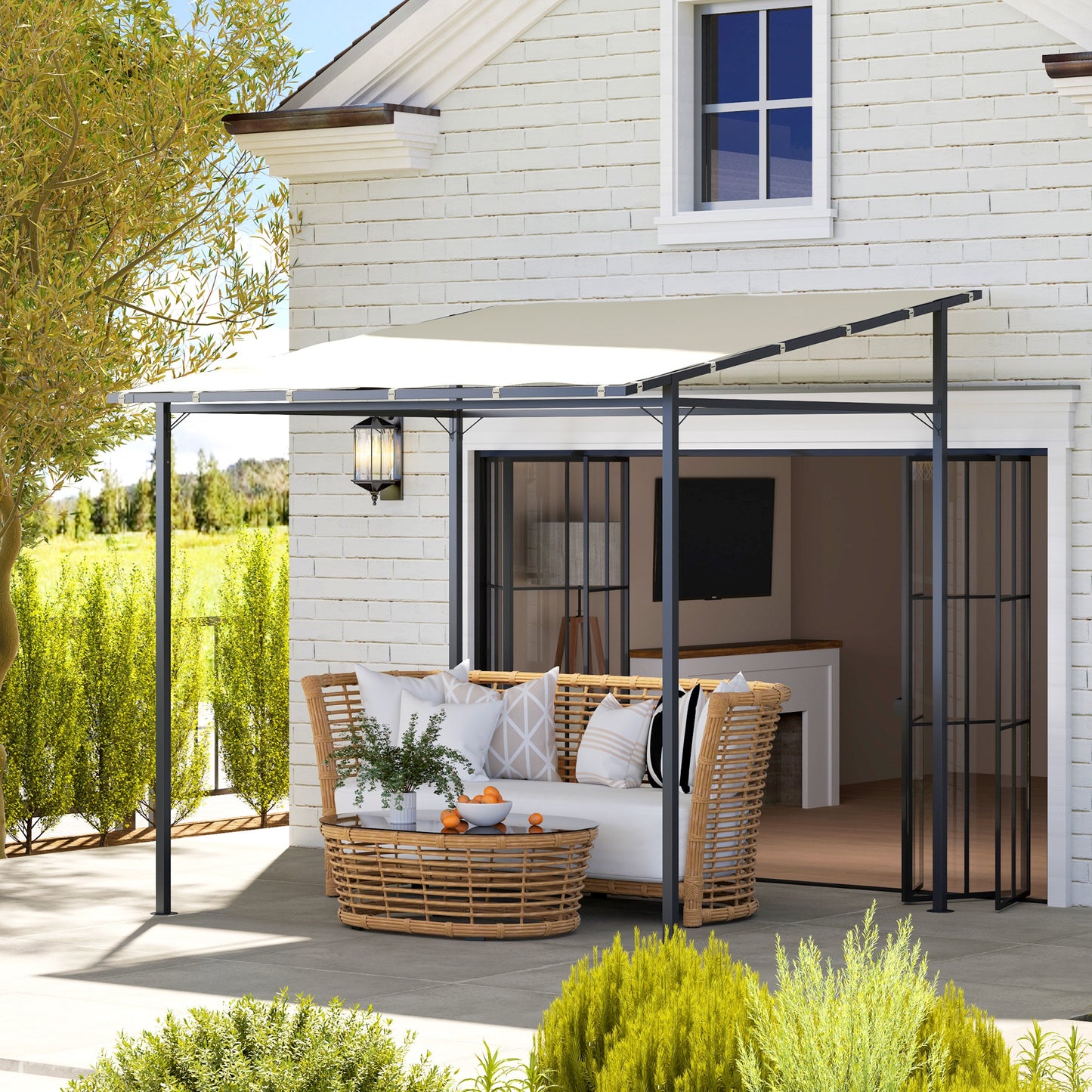 Outsunny Pérgola De Pared 2,4x2,4 M Con Techo Inclinado Protección Uv 30+ Crema_1