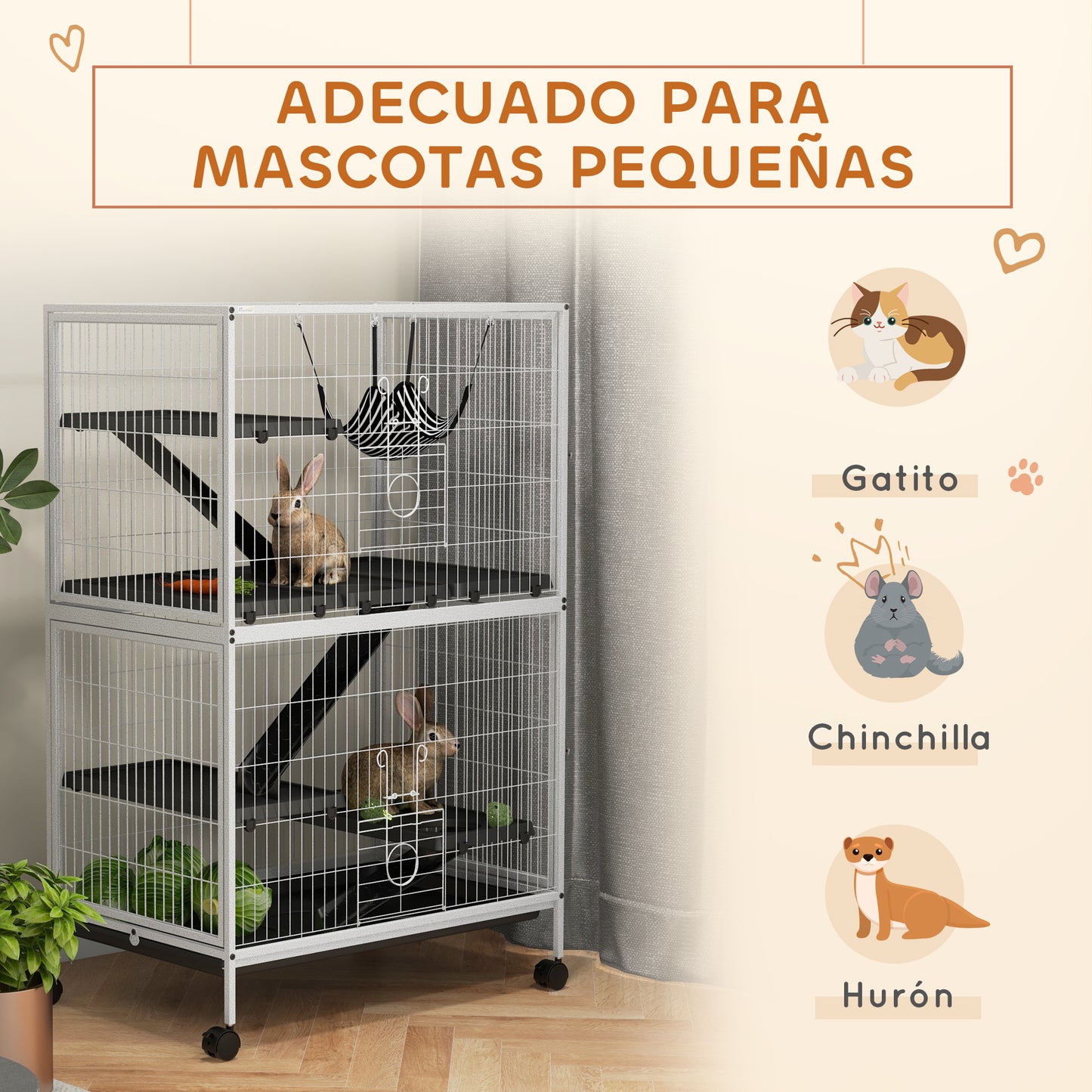 Pawhut Jaula Para Animales Pequeños De 4 Niveles Con Ruedas 80x52x128 Cm Blanco_3