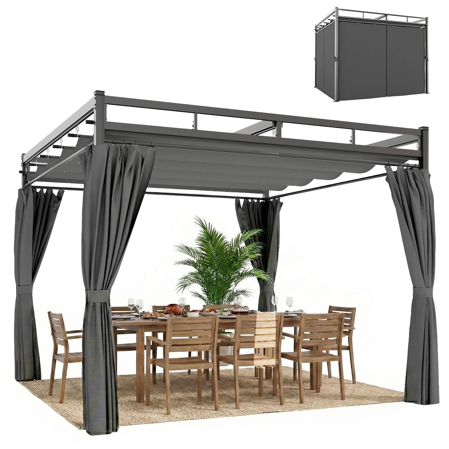 Outsunny Pérgola De Jardín 3x3 M Con Techo Retráctil Y 4 Cortinas_0