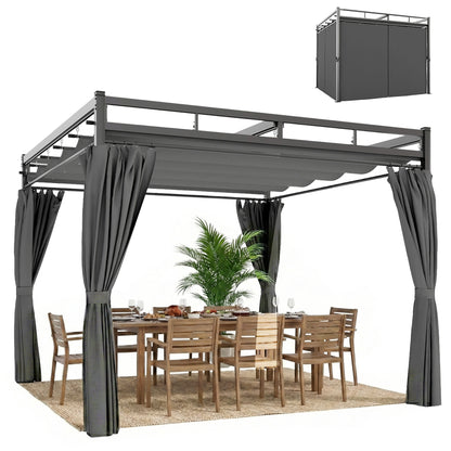 Outsunny Pérgola De Jardín 3x3 M Con Techo Retráctil Y 4 Cortinas_0