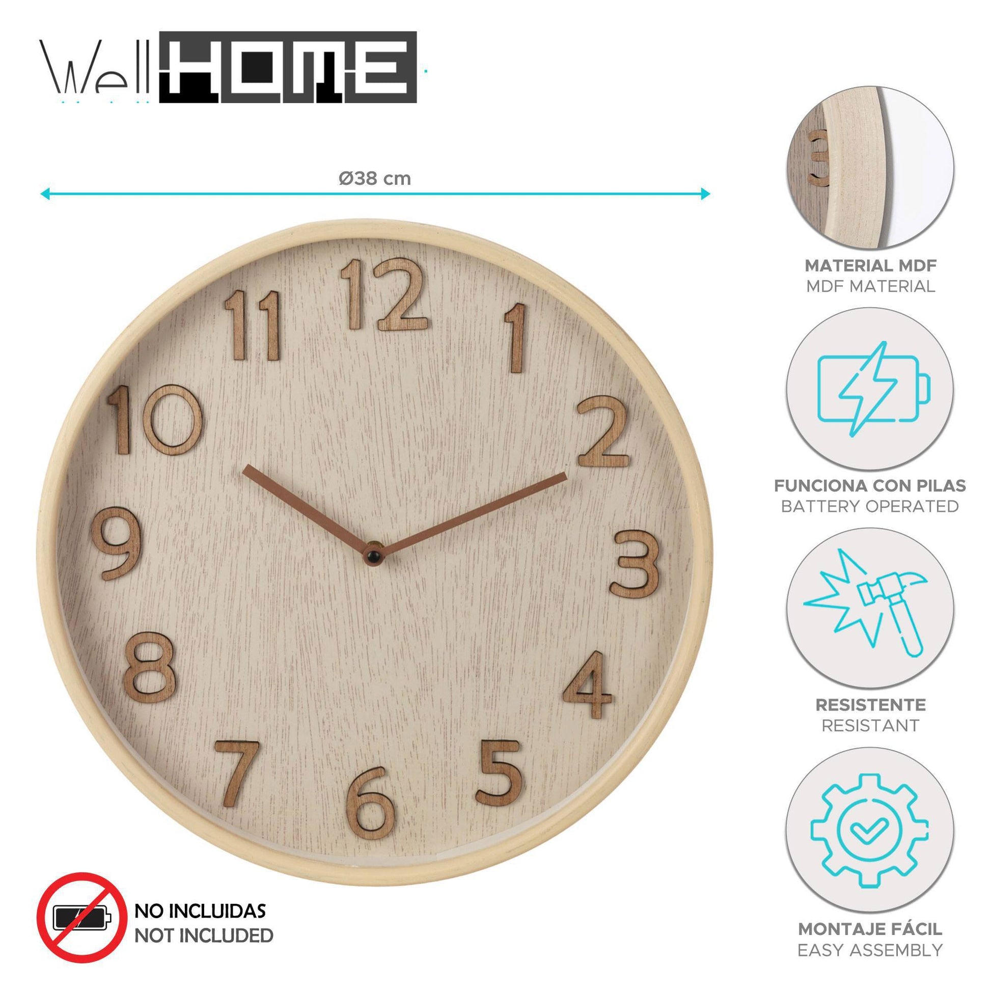 Well Home Reloj De Pared De Madera Aspecto Moderno Color Marrón Claro Ø38x5 Cm_1