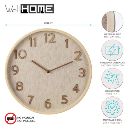 Well Home Reloj De Pared De Madera Aspecto Moderno Color Marrón Claro Ø38x5 Cm_1
