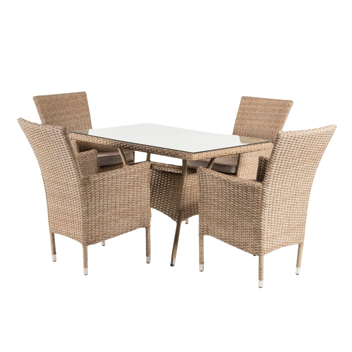 Conjunto Muebles Jardín, Mesa 120x70x74 Cm Y 4 Sillones Apilables, Aluminio Y Rattán Sintético Plano Color Natural, 4 Plazas, Cristal Templado 5 Mm_0