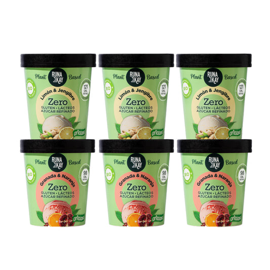 Pack Mix Helado Artesano Eco Sin Gluten Ni Azúcar Refinado Limón&Jengibre Granada&Naranja Runakay 6x460ml/400g_0