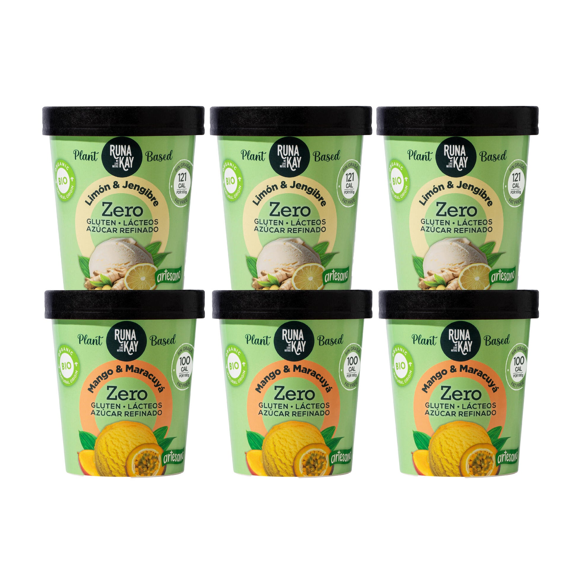Pack Mix Helado Artesano Eco Sin Gluten Ni Azúcar Refinado Mango&Maracuyá Limón&Jengibre Runakay 6x460ml/400g_0