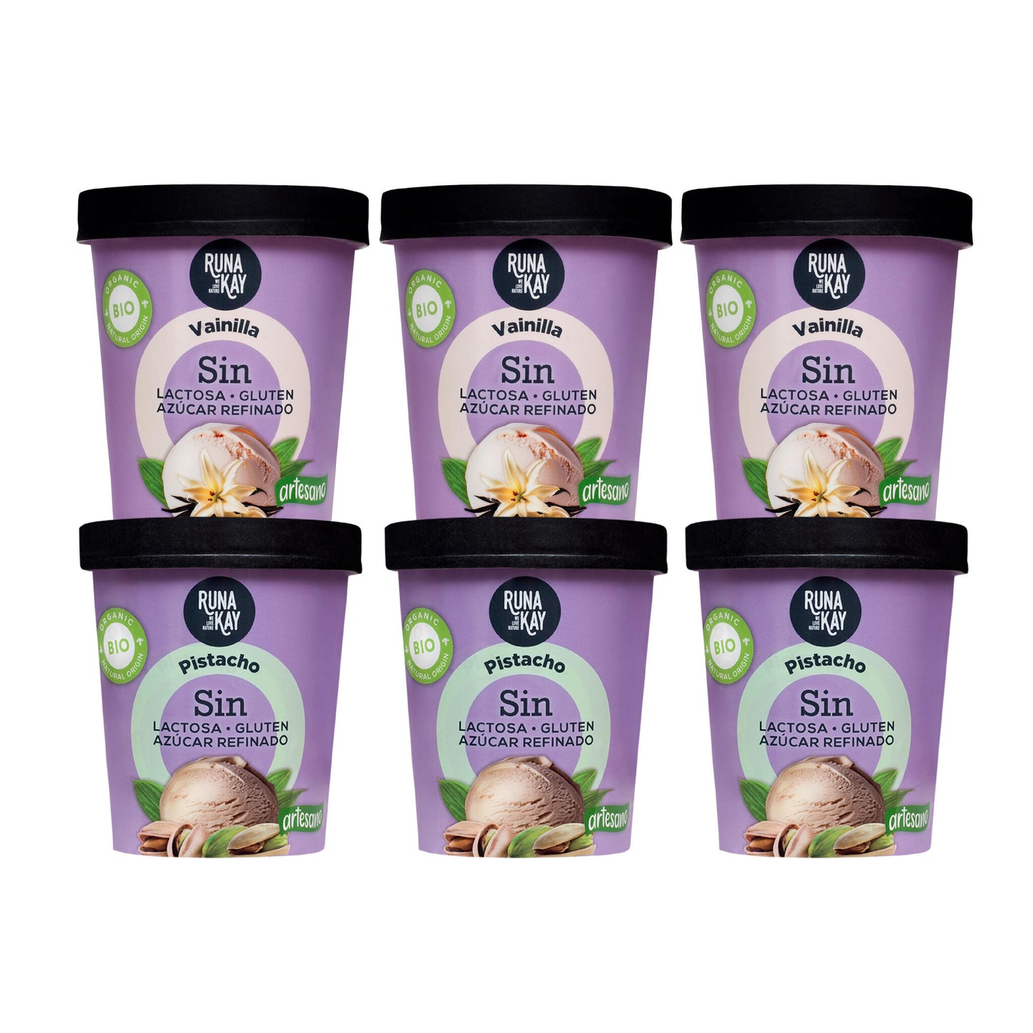 Pack Mix Helado Artesano Eco Sin Gluten Sin Lactosa Ni Azúcar Refinado Pistacho, Vainilla Runakay 6x460ml/400g_0