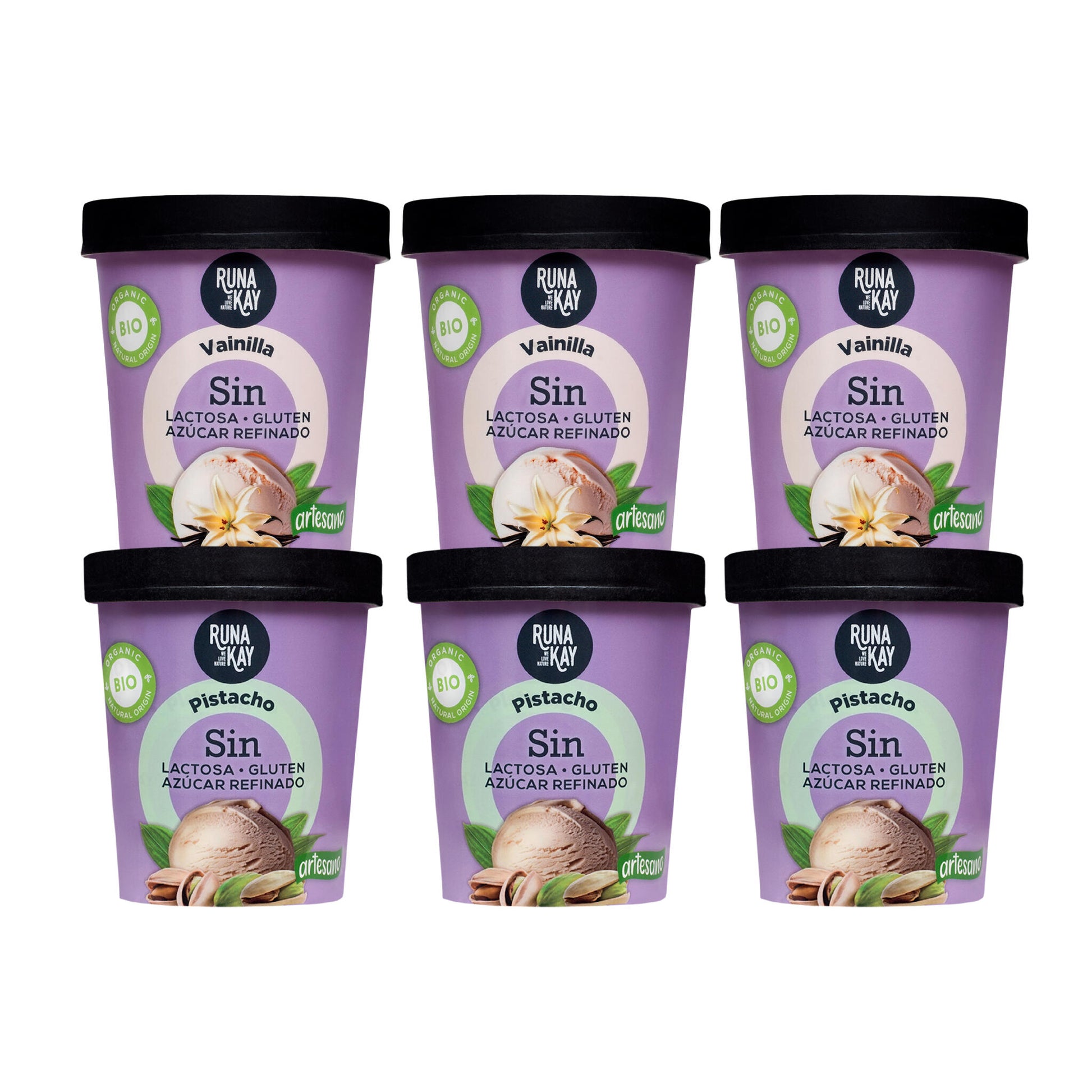 Pack Mix Helado Artesano Eco Sin Gluten Sin Lactosa Ni Azúcar Refinado Pistacho, Vainilla Runakay 6x460ml/400g_0