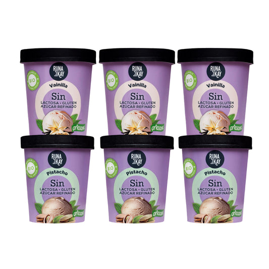 Pack Mix Helado Artesano Eco Sin Gluten Sin Lactosa Ni Azúcar Refinado Pistacho, Vainilla Runakay 6x460ml/400g_0