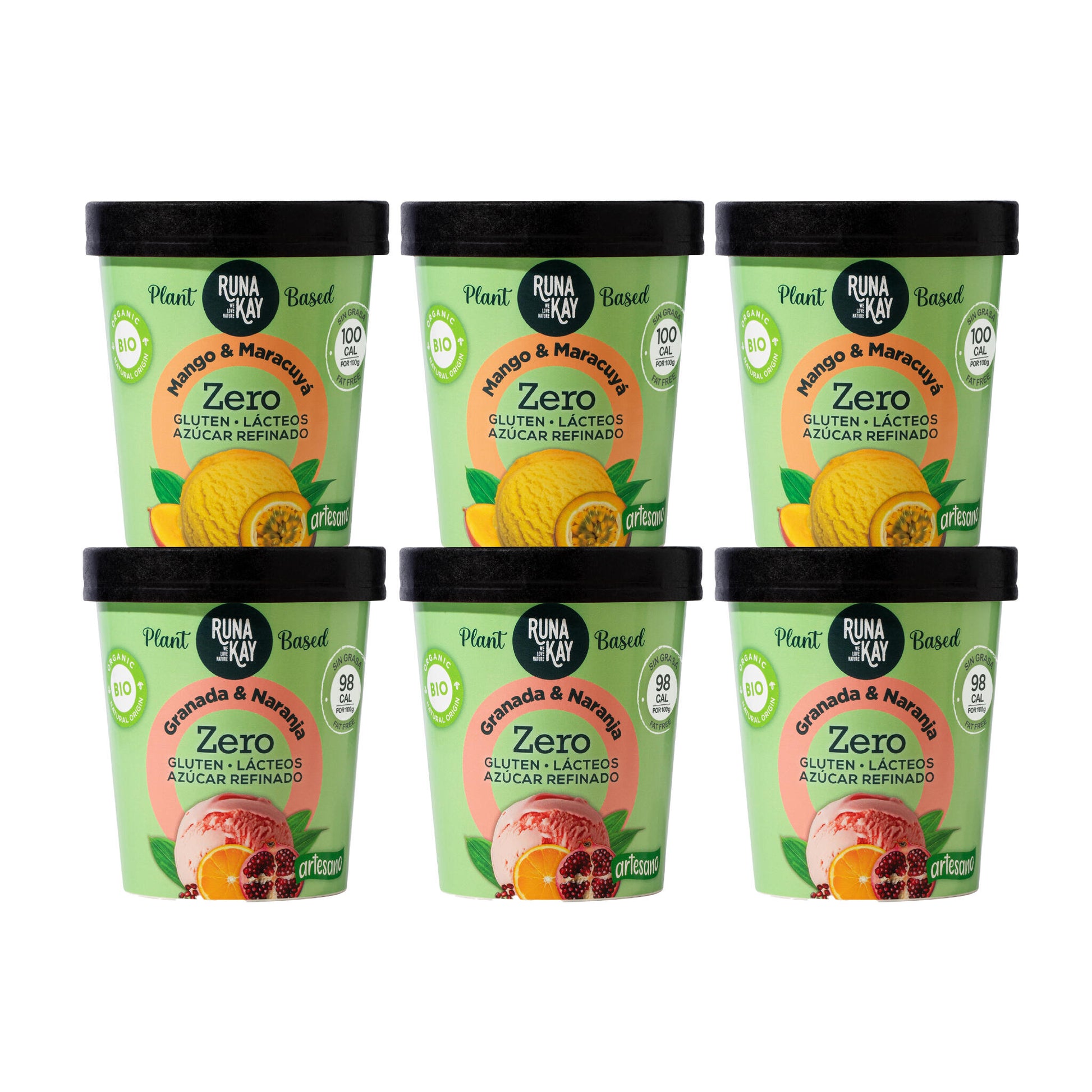 Pack Mix Helado Artesano Eco Sin Gluten Ni Azúcar Refinado Mango&Maracuyá Granada&Naranja Runakay 6x460ml/400g_0