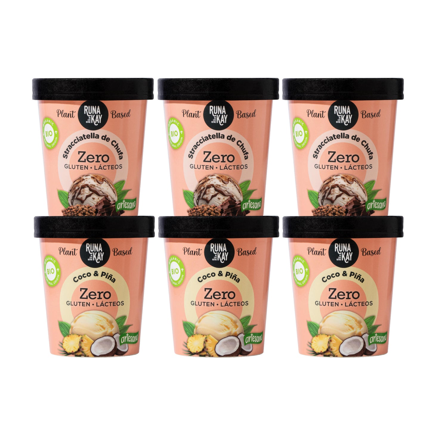 Pack Mix Helado Artesano Eco Sin Gluten Ni Lácteos Stracciatella de Chufa&Choco, Coco&piña Runakay 6x460ml/400g_0