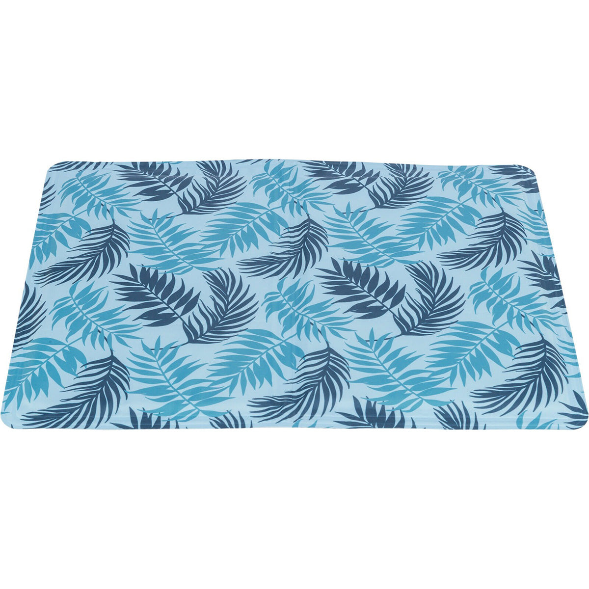 Alfombrilla refrigerante con estampado de hojas, 40 × 30 cm, azul claro.