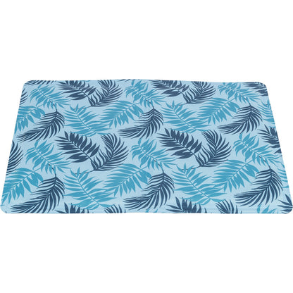 Alfombrilla refrigerante con estampado de hojas, 40 × 30 cm, azul claro.