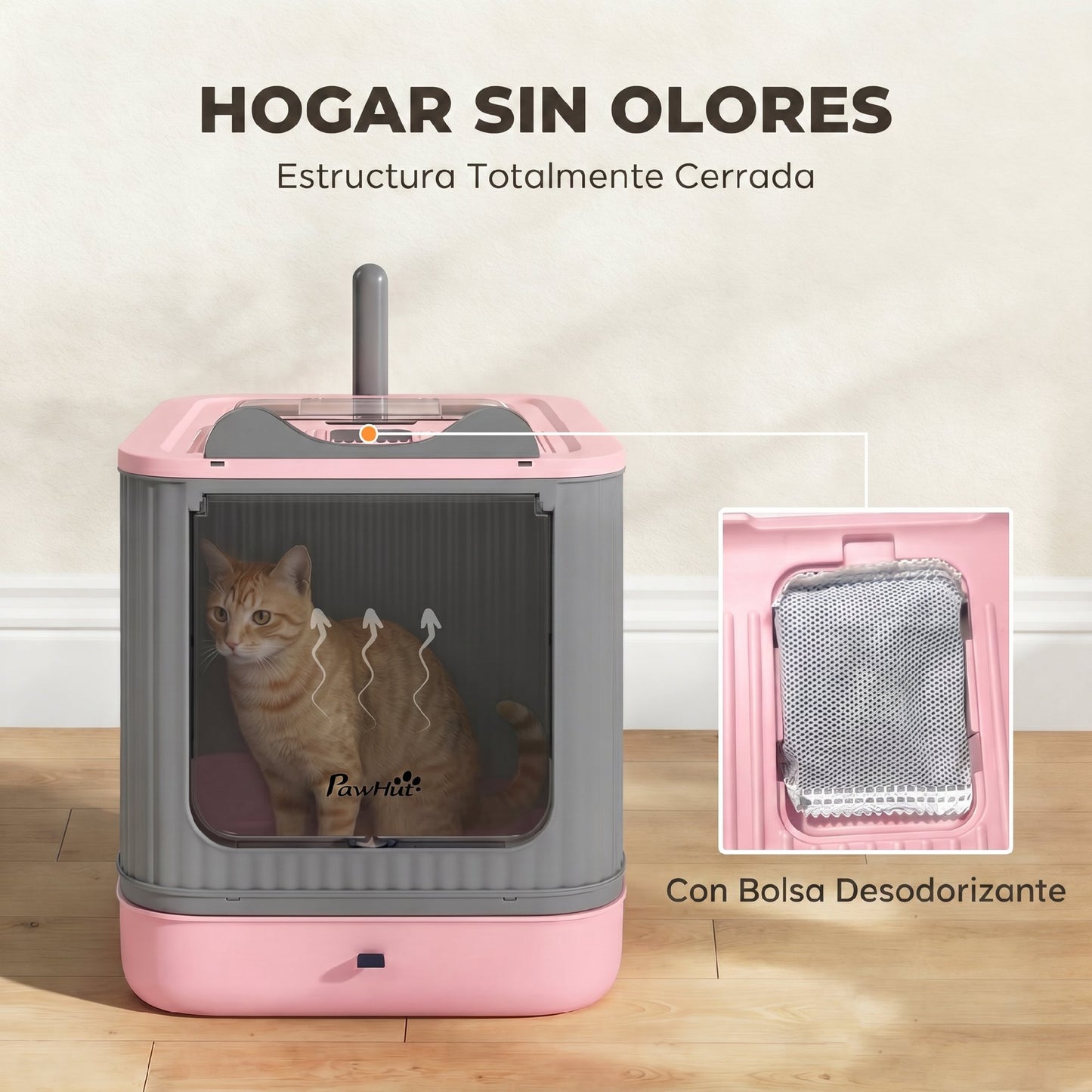 Pawhut Arenero De Gatos Cubierto M Con Tapa Pala Bolsas Desodorantes Rosa_5
