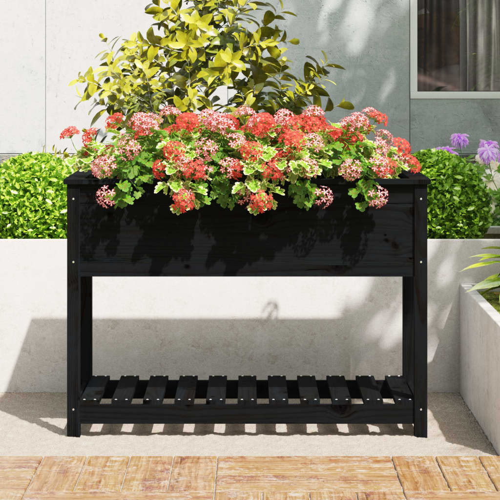 Jardinera Con Estante Madera Maciza Pino Negra 111,5x54x81 Cm_2