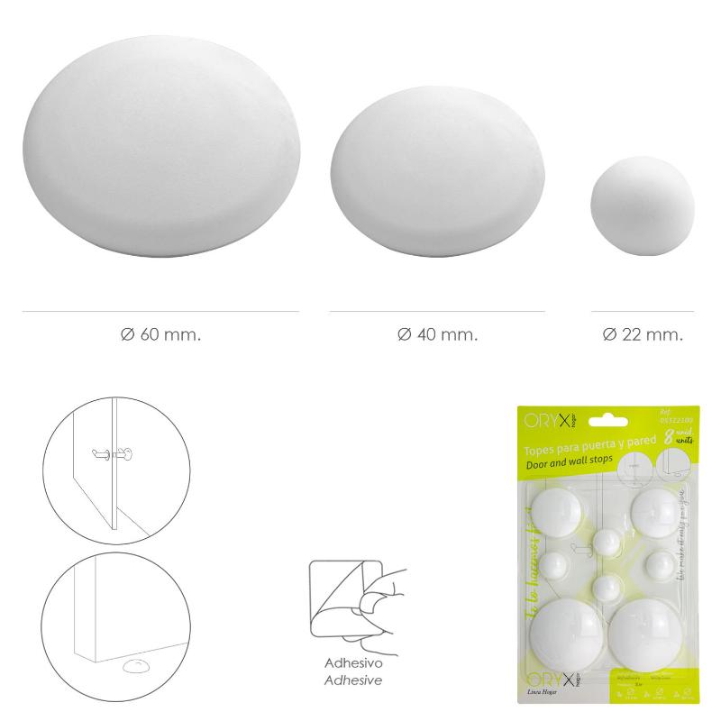 Topes Adhesivos Para Paredes / Puertas / Ventanas / Mobiliario 2 X Ø 60 Mm. / 2 X 40 Mm. / 4 X 22 Mm. (blister 8 Piezas)_1