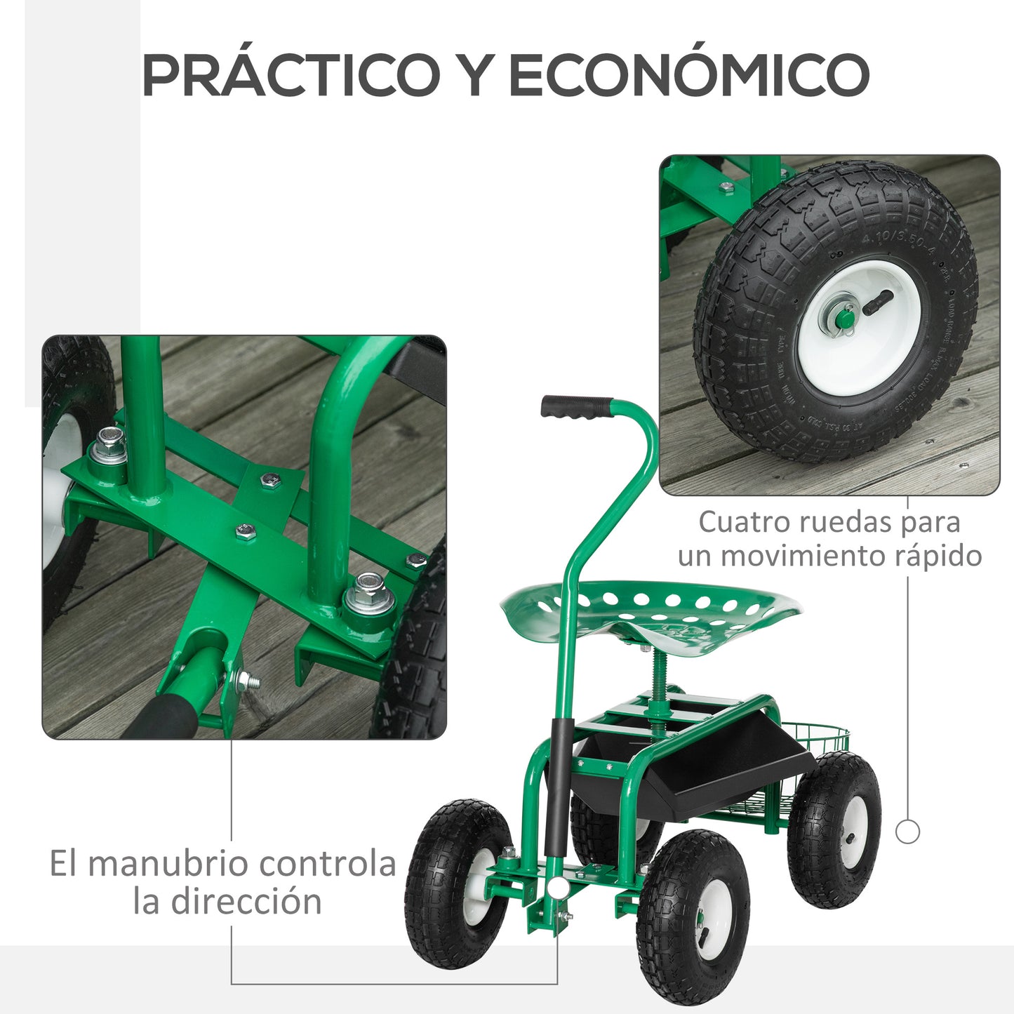 Asiento De Jardín Con Ruedas Bandeja De Herramientas Cesta Para Exterior Verde_5