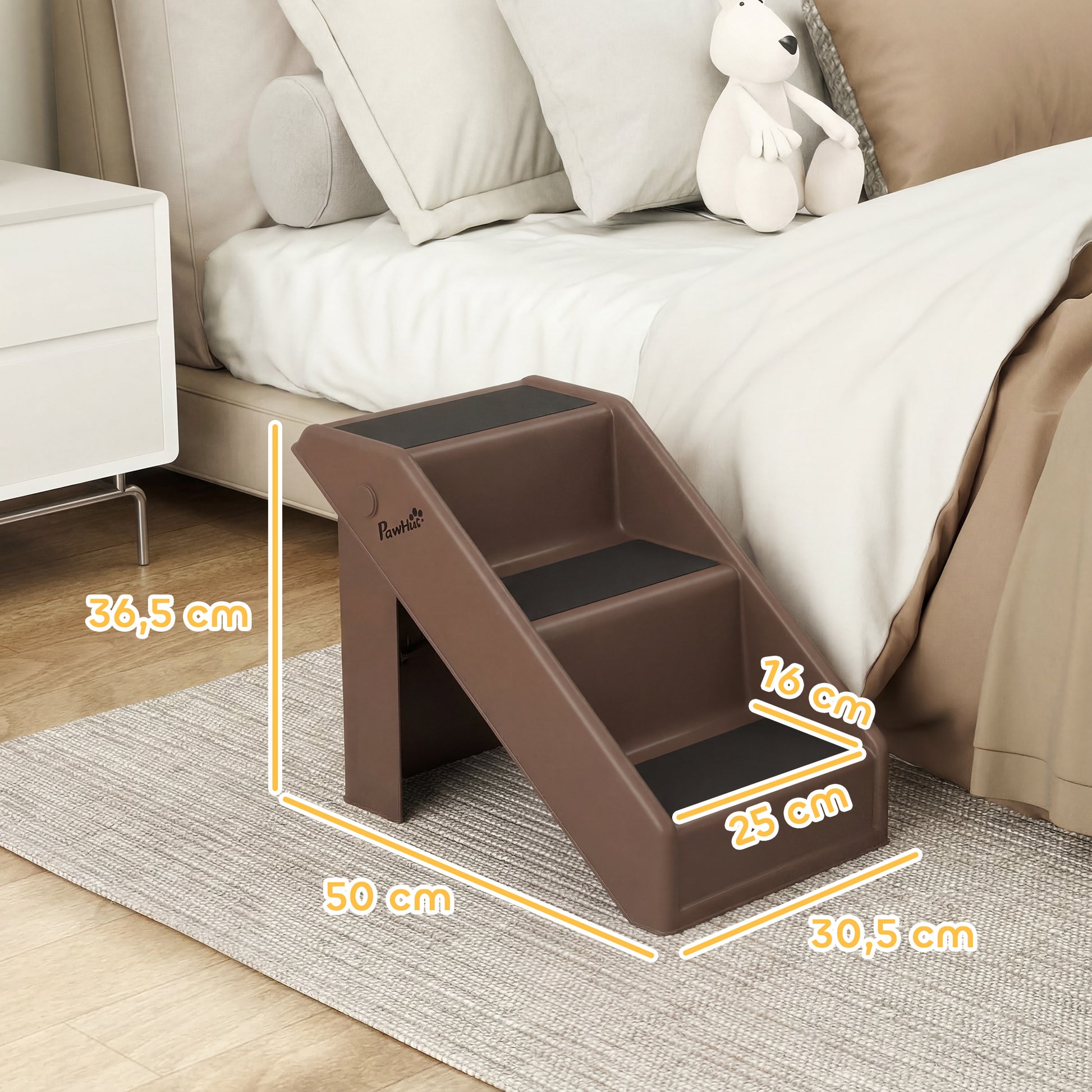 Pawhut Escalera Para Mascotas Plegable De 3 Peldaños 53x30,5x36,5 Cm Marrón_2