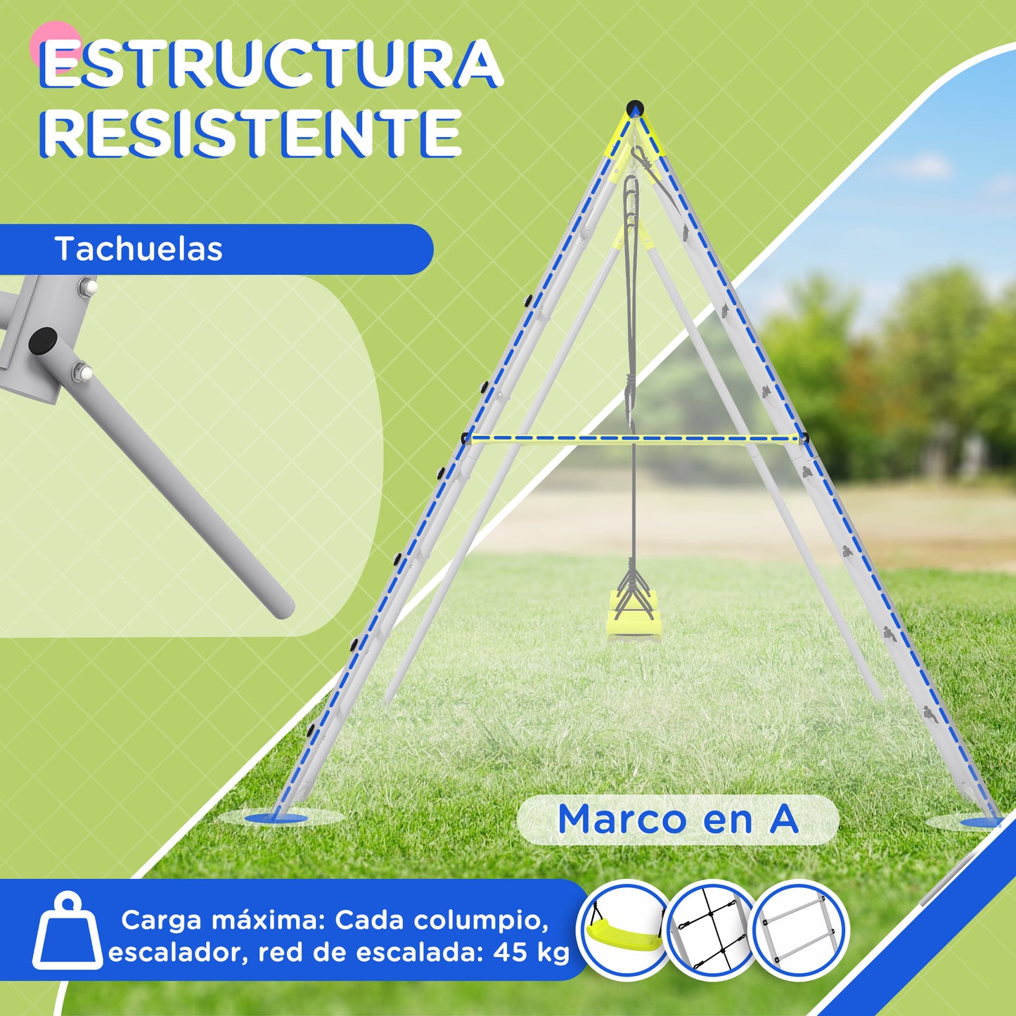 Outsunny Columpio Para Niños 4 En 1 Ajustable 260x185x180 Cm Gris Y Verde_3
