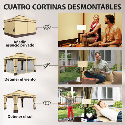 Outsunny Cenador De Jardín 3,7x3 M Con Doble Techo 4 Cortinas Y Mosquitera Beige_5