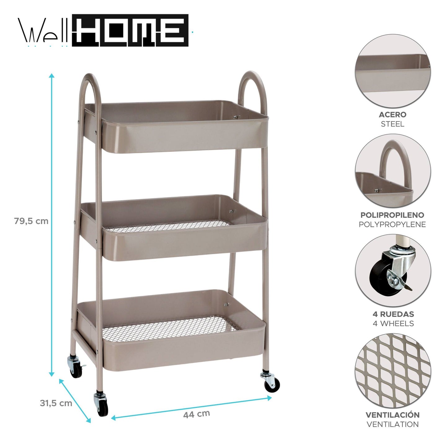 Well Home Carro De Cocina Rolling Color Taupe Con 3 Cestas Y Ruedas 44x31,5x79,5cm_1