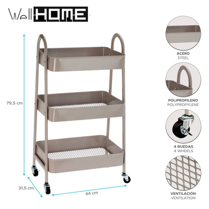 Well Home Carro De Cocina Rolling Color Taupe Con 3 Cestas Y Ruedas 44x31,5x79,5cm_1