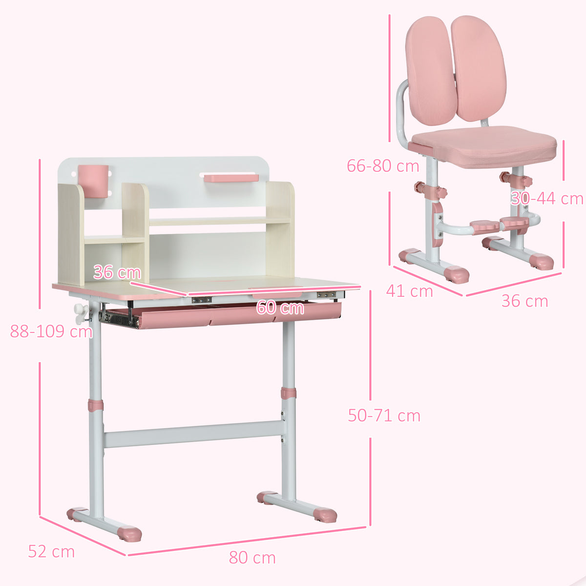 Conjunto De Secretária E Cadeira Crianças Homcom Pp, Mdf, Aço, Poliéster E Espuma Rosa 80x52x88-109 Cm_2