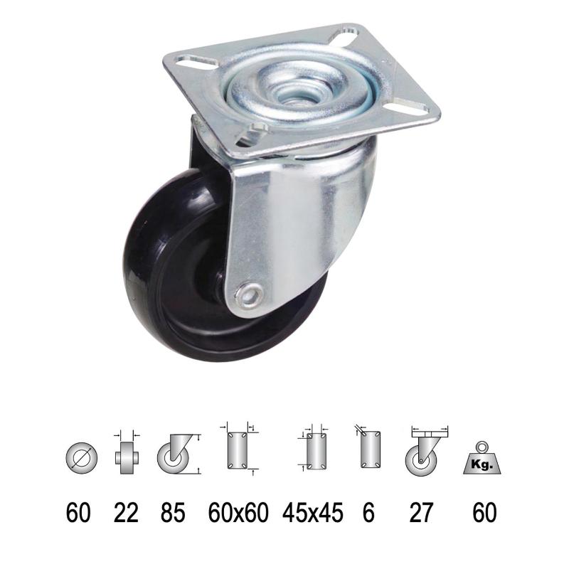 Rueda Domestica Poliamida Negra Placa 60 Mm.