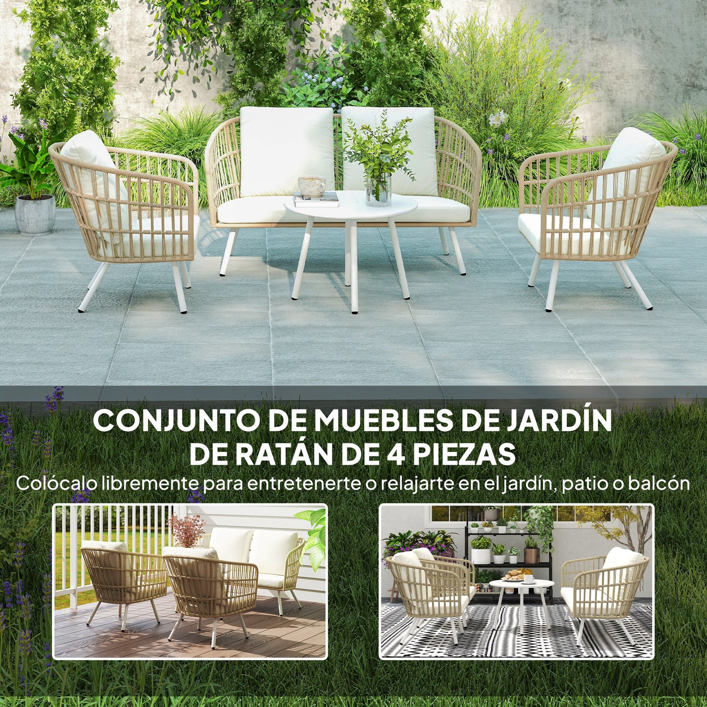 Outsunny Conjunto De Jardín Exterior De Ratán Sintético De 4 Piezas Natural_3