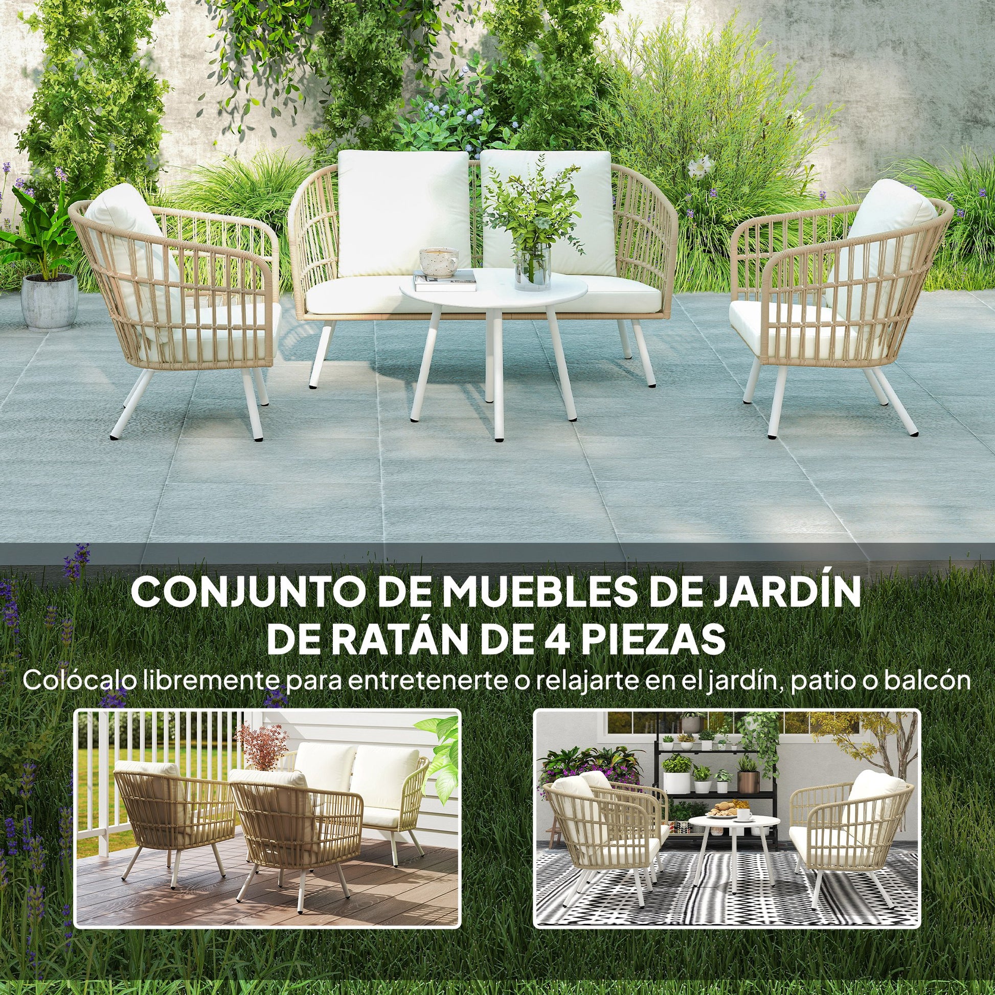 Outsunny Conjunto De Jardín Exterior De Ratán Sintético De 4 Piezas Natural_3