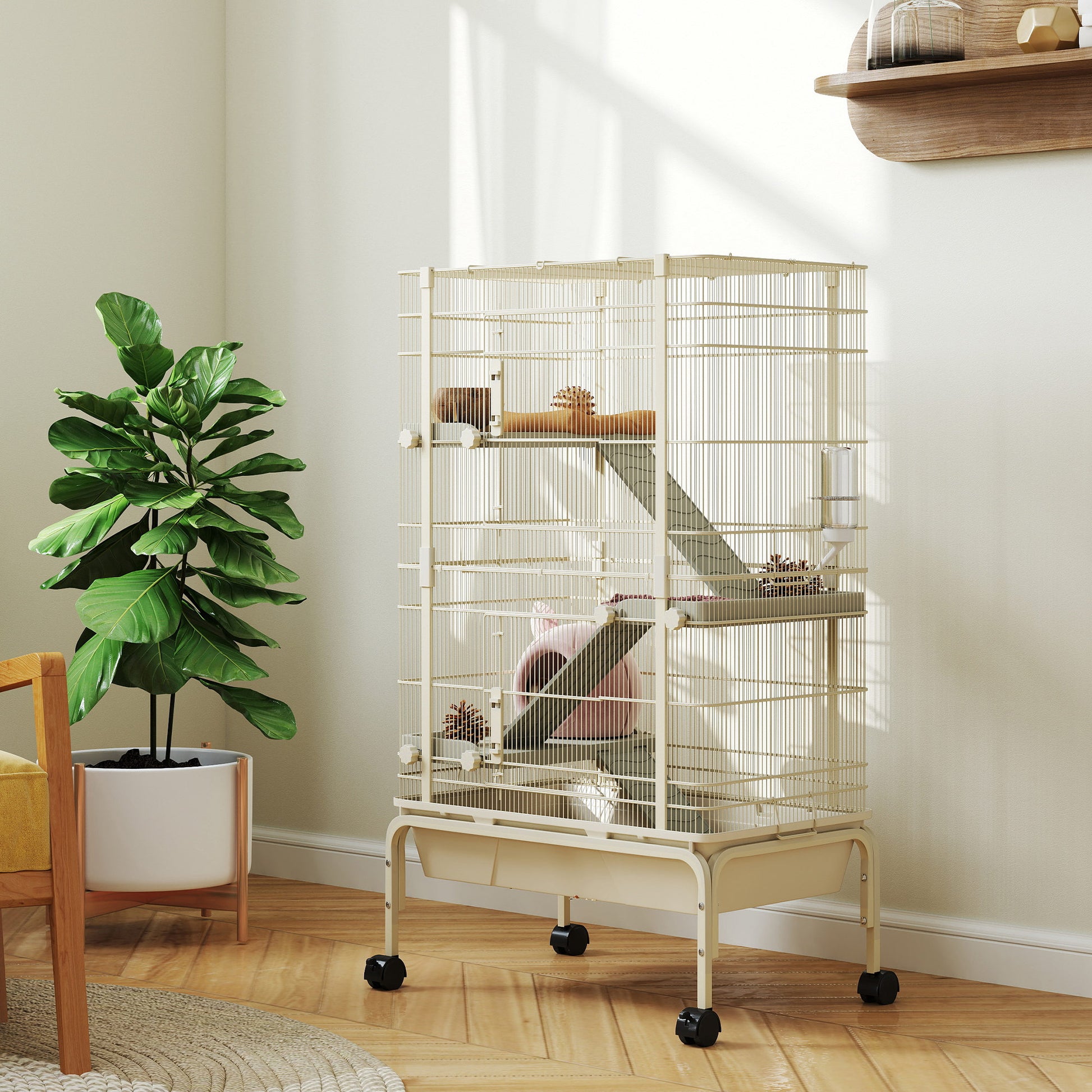 Pawhut Jaula Para Animales Pequeños De 4 Niveles Con Ruedas 69x44x120 Cm Beige_1