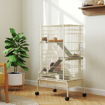 Pawhut Jaula Para Animales Pequeños De 4 Niveles Con Ruedas 69x44x120 Cm Beige_1