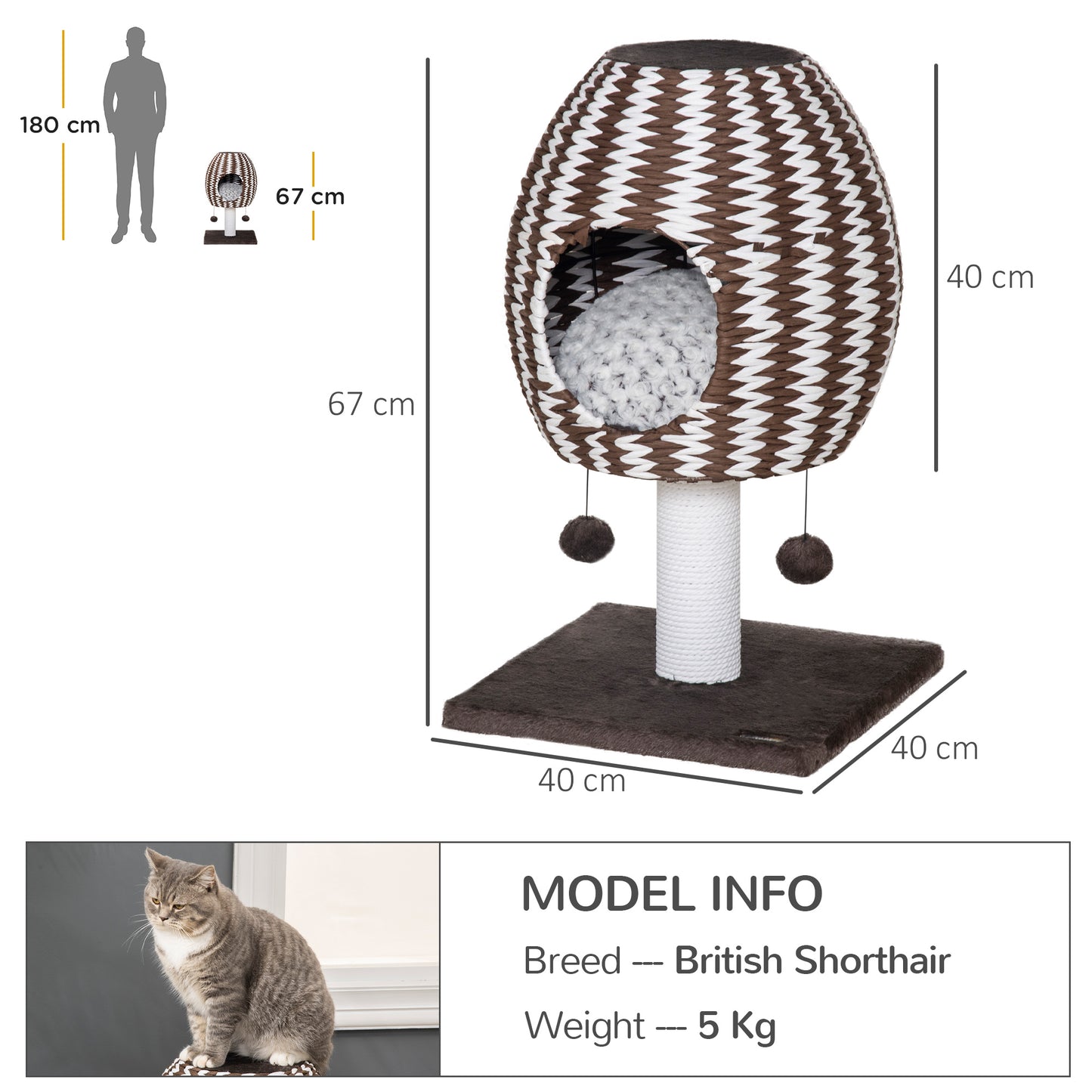 Pawhut Árbol Rascador Para Gatos Altura 67cm Con Cueva De Franela Cojín Bolas_2