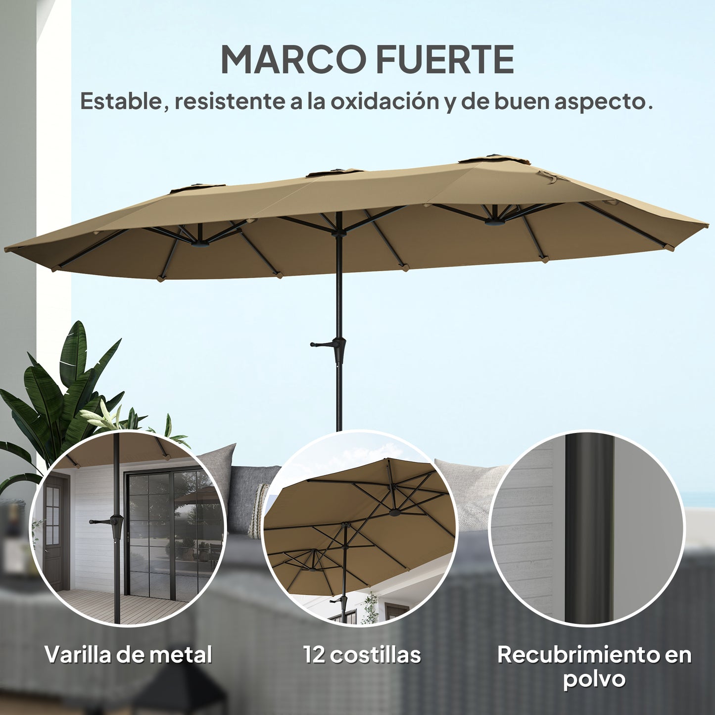 Outsunny Sombrilla Doble 4x2,2 M Con Manivela Manual Impermeable Café_5