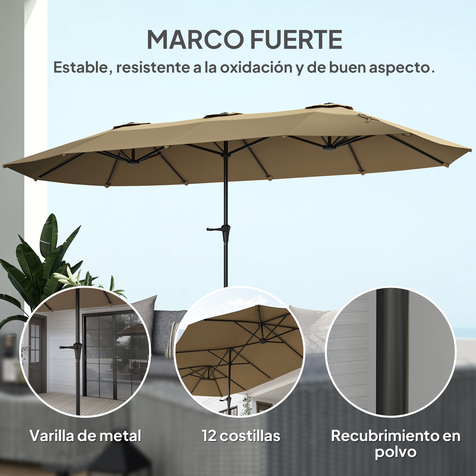 Outsunny Sombrilla Doble 4x2,2 M Con Manivela Manual Impermeable Café_5