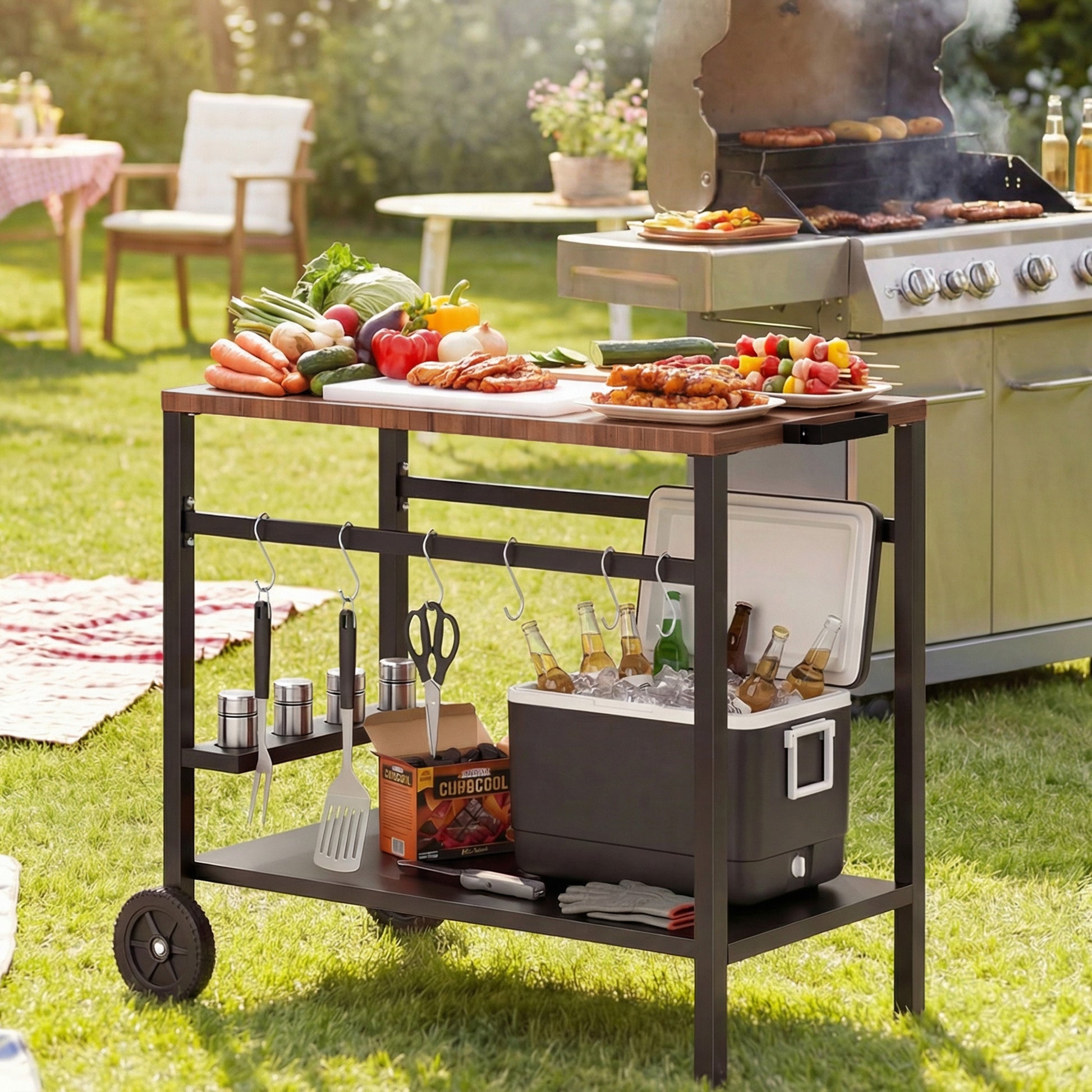 Outsunny Carrito De Barbacoa De 2 Niveles Con Ruedas Portabebidas Ganchos_1