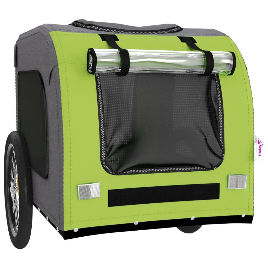 Vidaxl Remolque De Bicicleta Mascotas Hierro Tela Oxford Verde Gris_4
