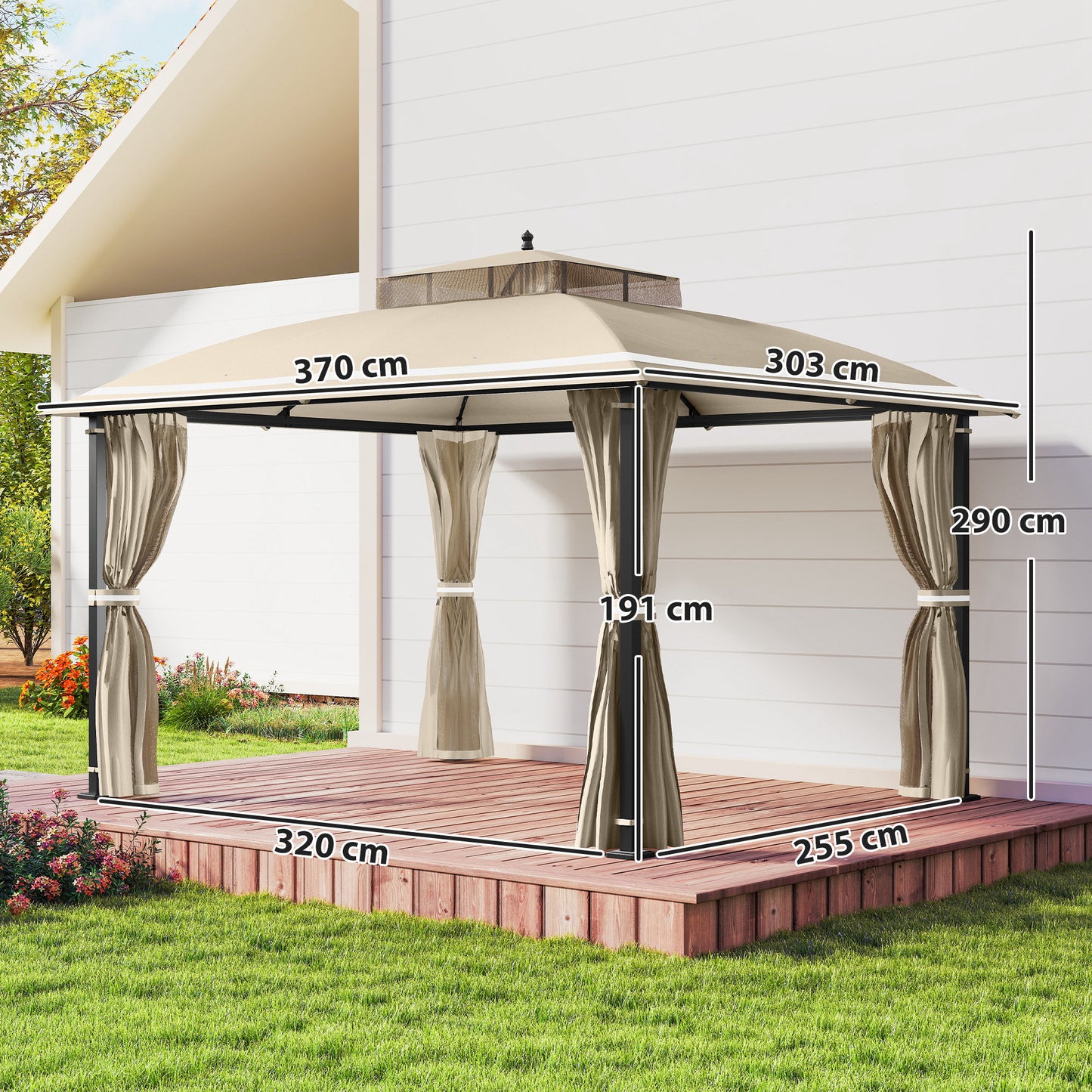 Outsunny Cenador Para Jardín 3x3,7 M Con Paredes Laterales Mosquiteras Beige_2