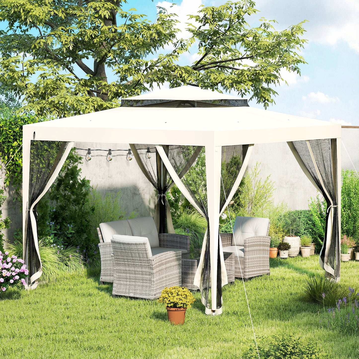 Outsunny Carpa De Jardín 3x3 M Con 4 Mosquiteras Laterales Techo Doble Crema_4