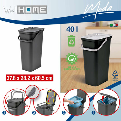 Set De 3 Papeleras moda Con Asa Grafito, Salvia Y Blanco De 40l