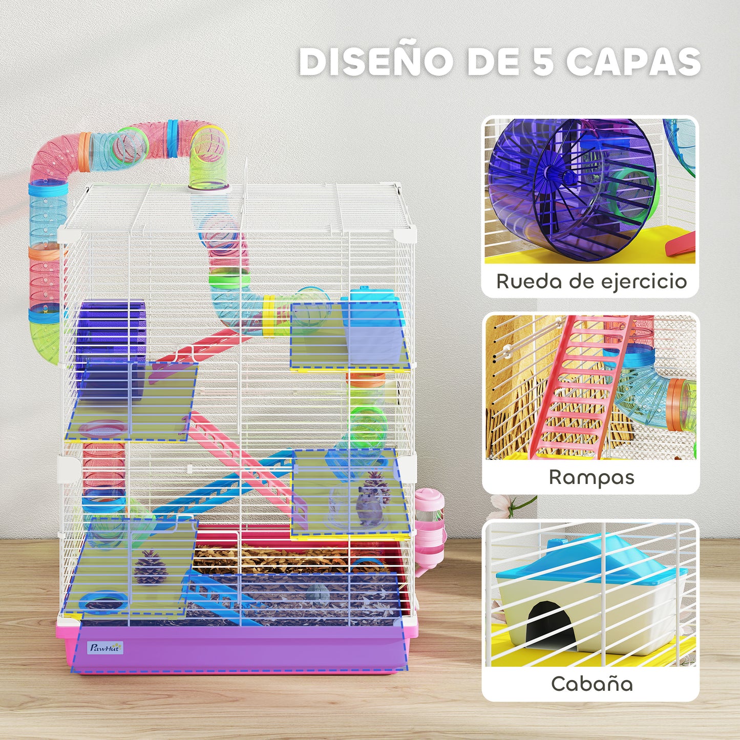 Pawhut Jaula Para Hámster Con Túnel Cuenco Bebedero 46x30x58 Cm Rosa_5