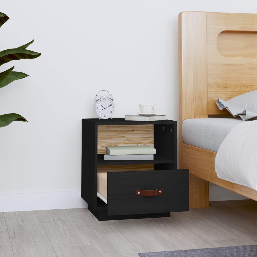 Mesita De Noche Madera Maciza De Pino Negro 40x34x45 Cm_1