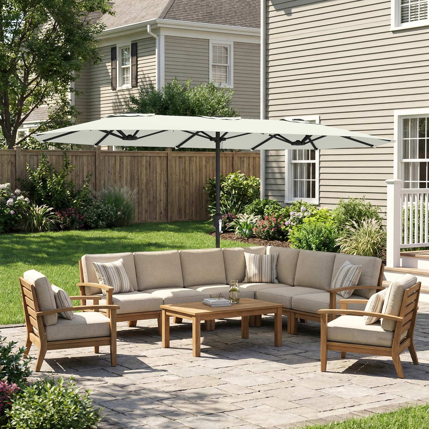 Outsunny Sombrilla Doble 4,6x2,6 M Con Protección Uv50+ Y Manivela Blanco Crema_1