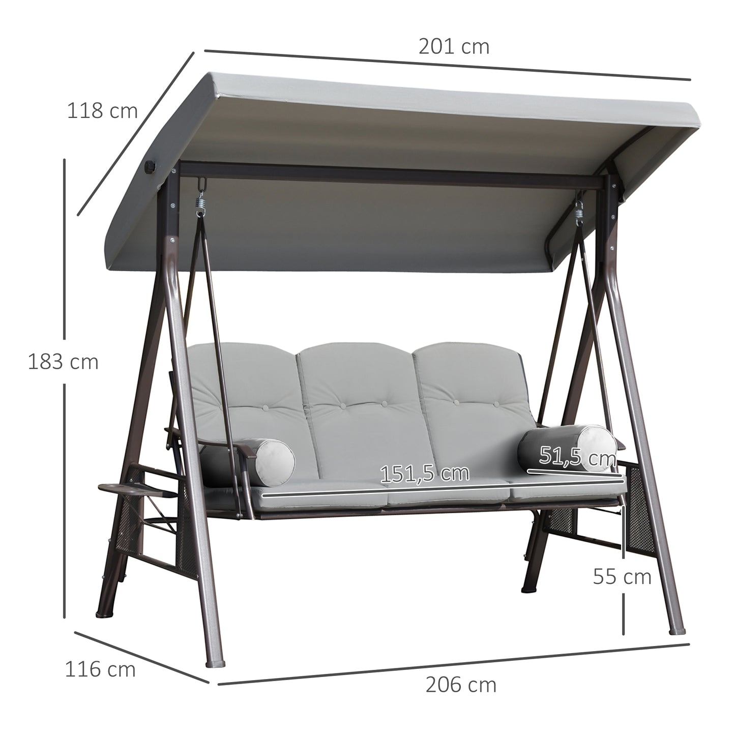 Outsunny Columpio De Jardín 3 Plazas Techo 2 Cojines 116x206x183cm Gris_2