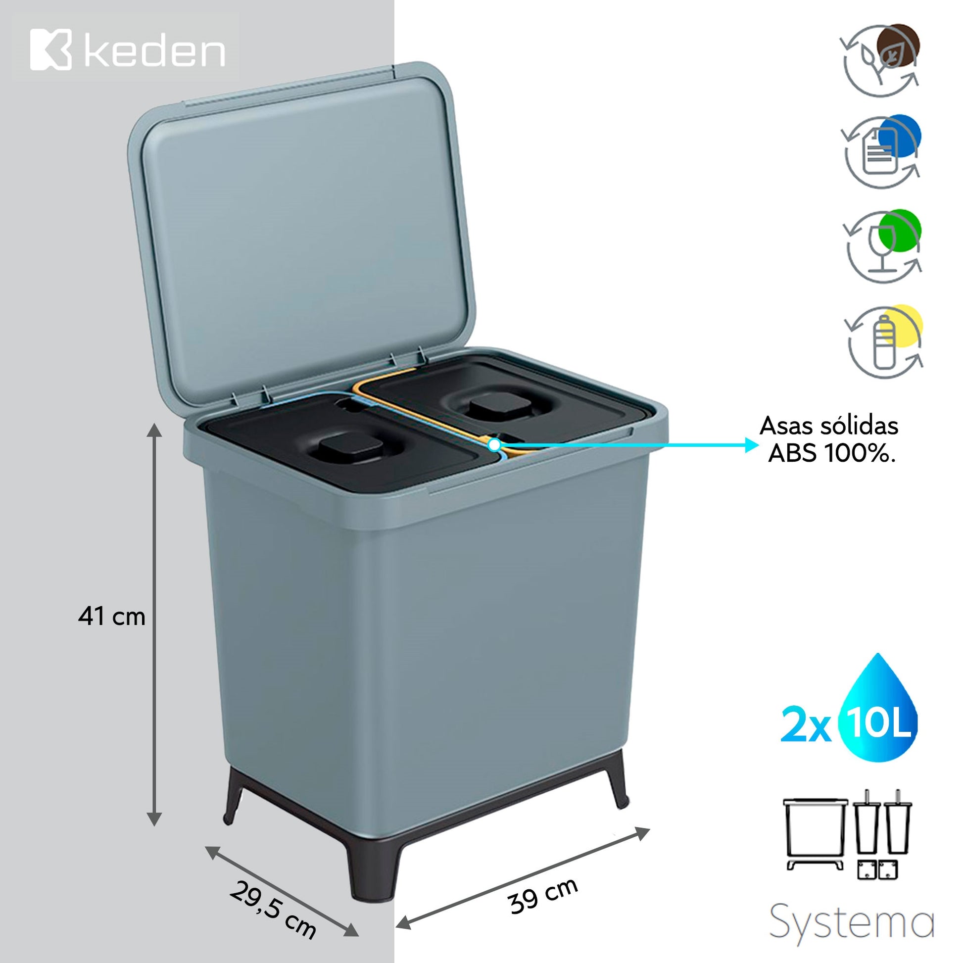 Sistema Clasificador De Reciclaje 2x10l Color Gris Keden_1