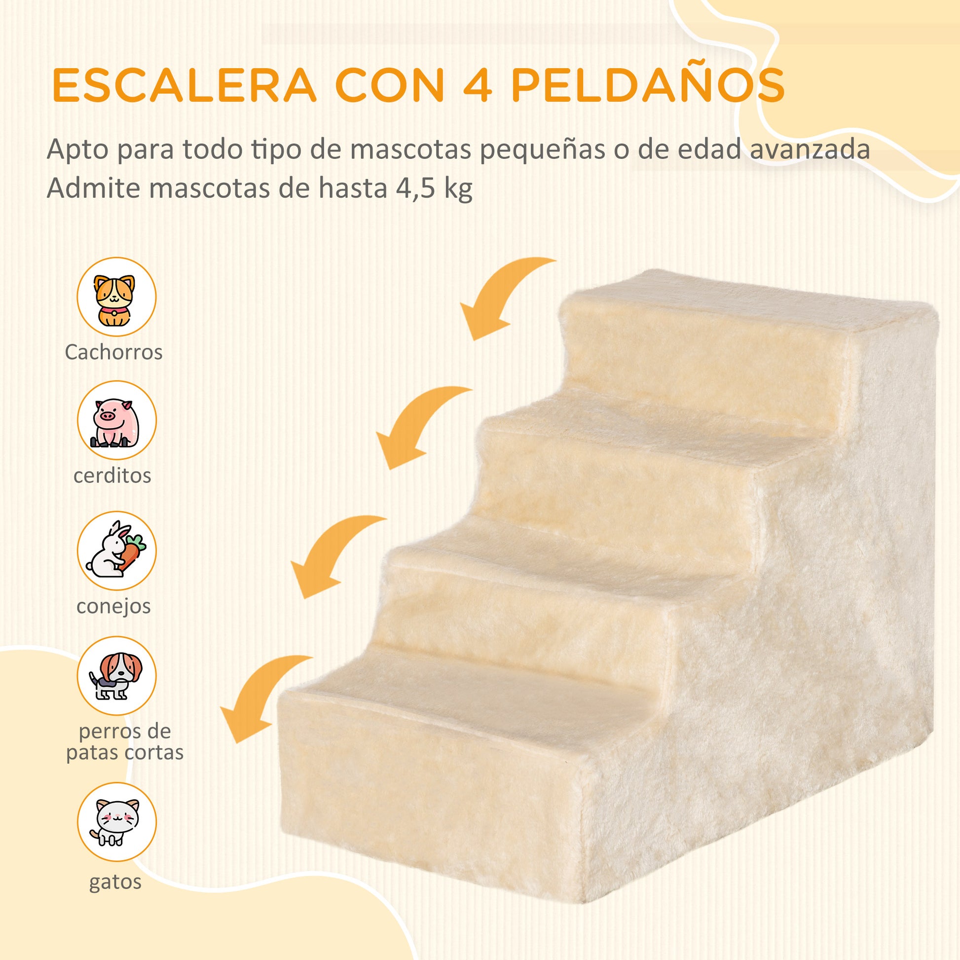 Pawhut Escalera Para Mascotas De 4 Peldaños Con Funda Extraíble 60x35x44cm Beige_3