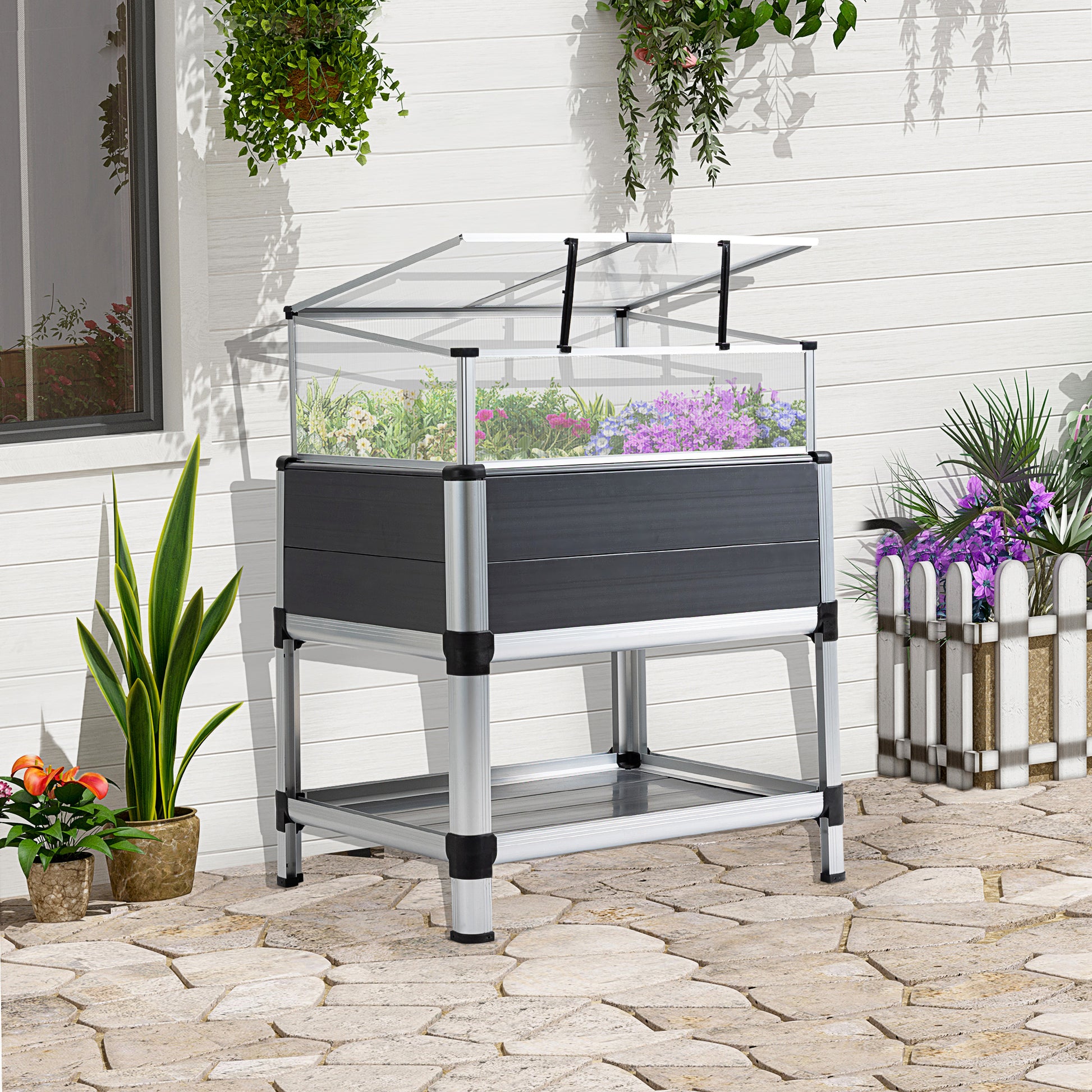Outsunny Macetero Elevado Aluminio 78,5x61x99,5cm Policarbonato Techos Abatibles_1